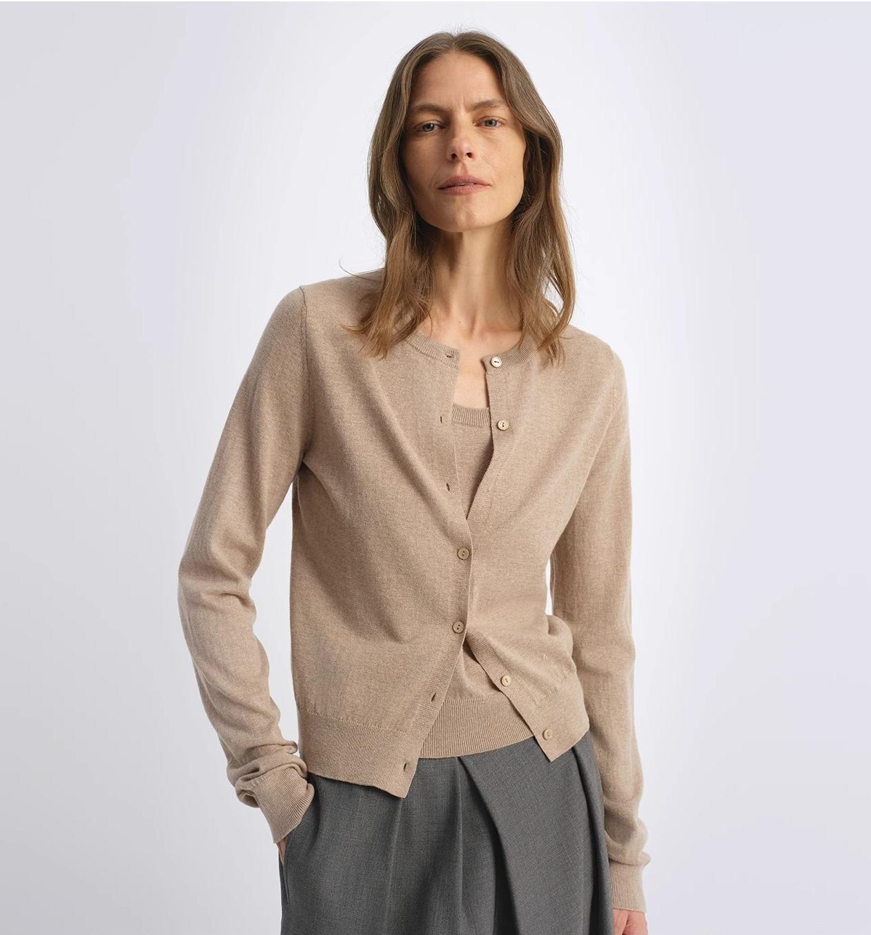 Machine washable round neck long sleeve multi-color knitted wool cardigan solid color base layer top-0