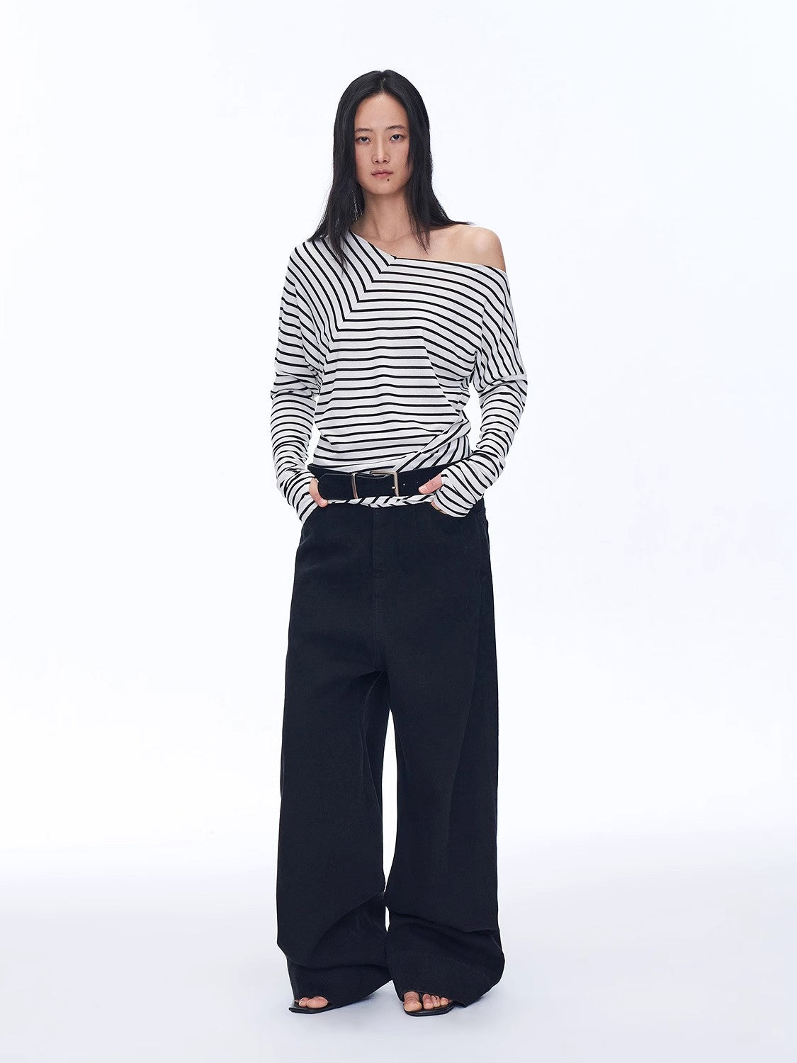 Fashionable off-shoulder Lyocell Tencel wool blended draped patchwork striped T-shirt"Picasso Lines"-0
