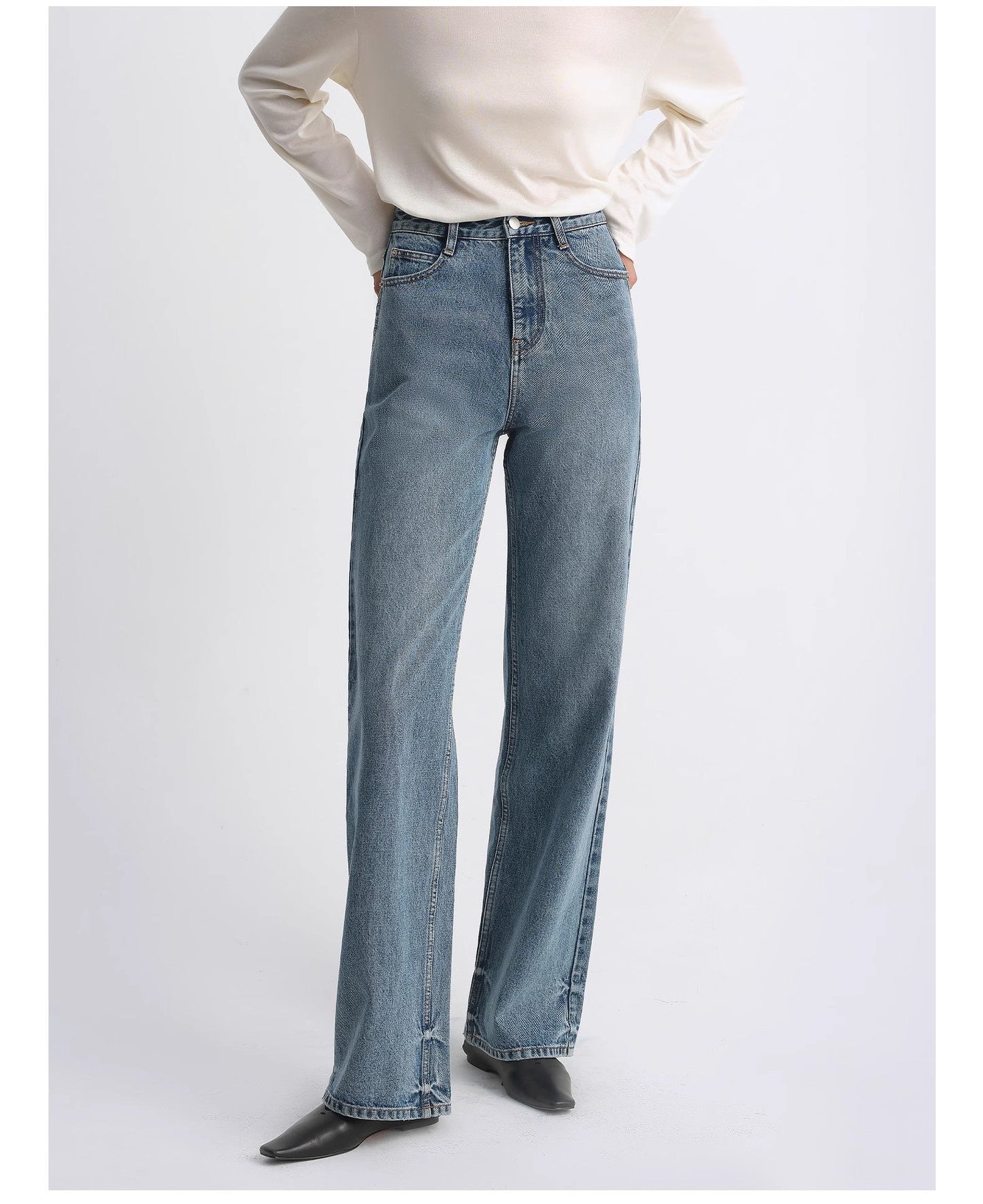 Classic retro old money style, craft washed organic cotton, retro straight slim jeans-1