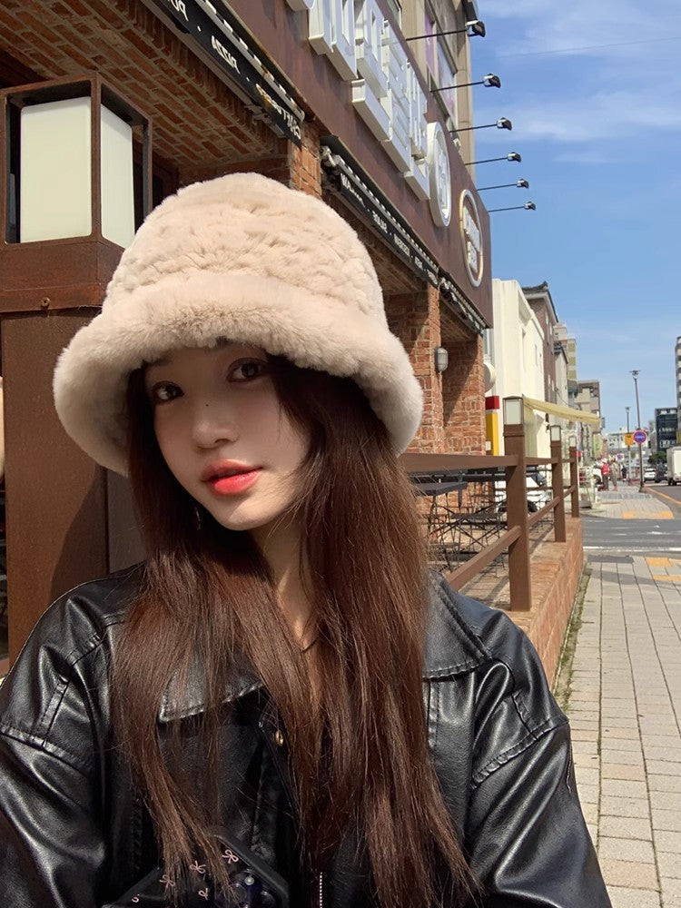 Rex rabbit fur hand-knitted bucket hat-1