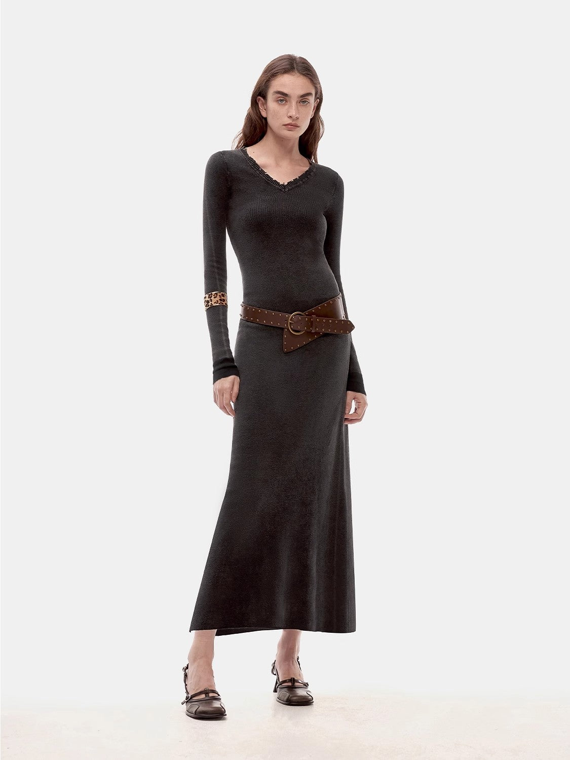 "Kalle Morning" fashionable fermented washed distressed raw edge V-neck waist dress for women-4
