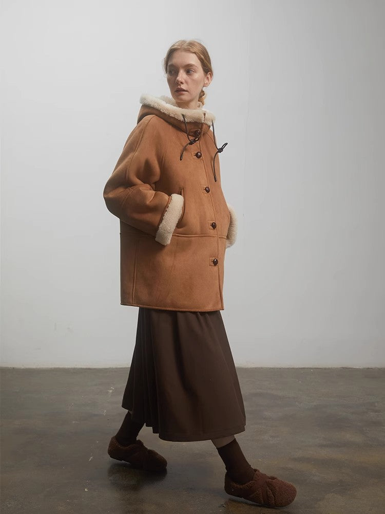 "Danish Winter" Shearling Wool Contrasting Artificial Compositesuede Coat Hooded Short Style-4