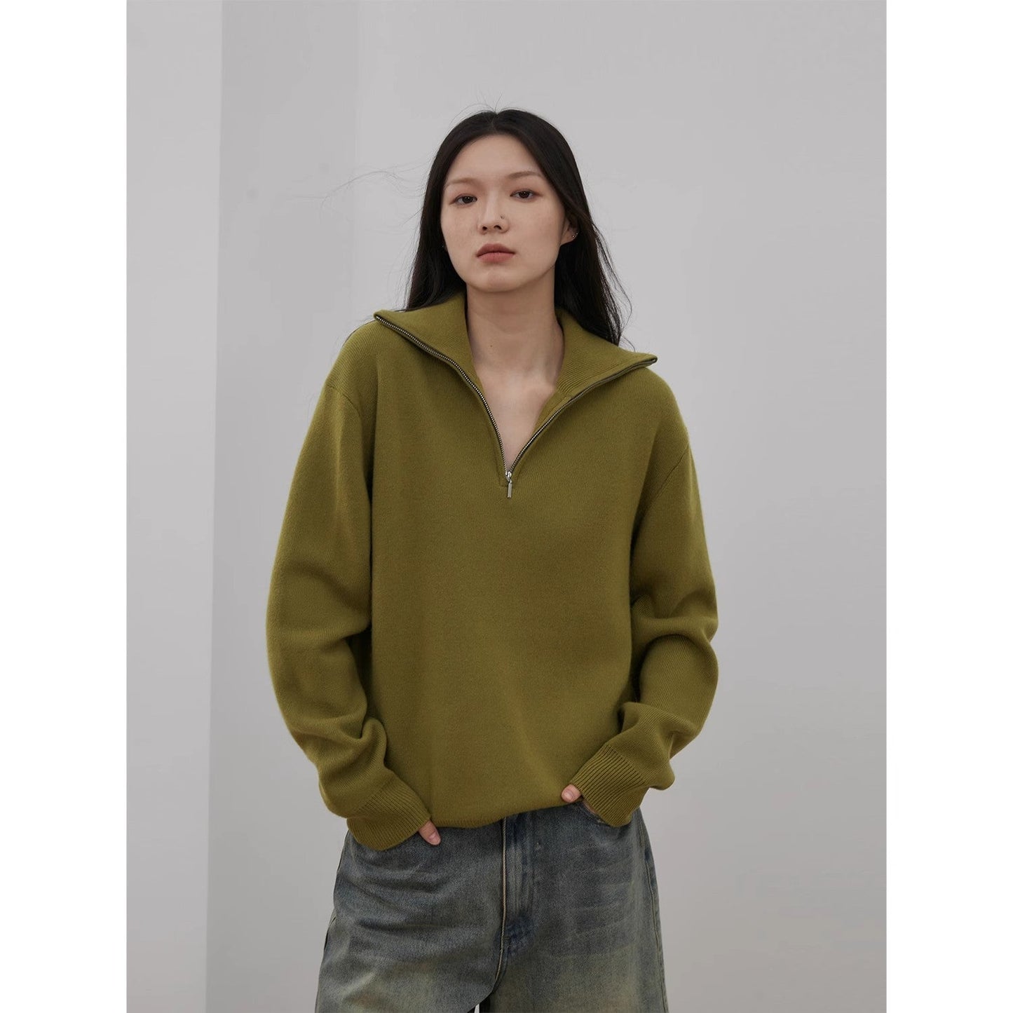 "Moonlight Farm" Merino wool lazy loose pullover sweater women's zipper turtleneck sweater-4