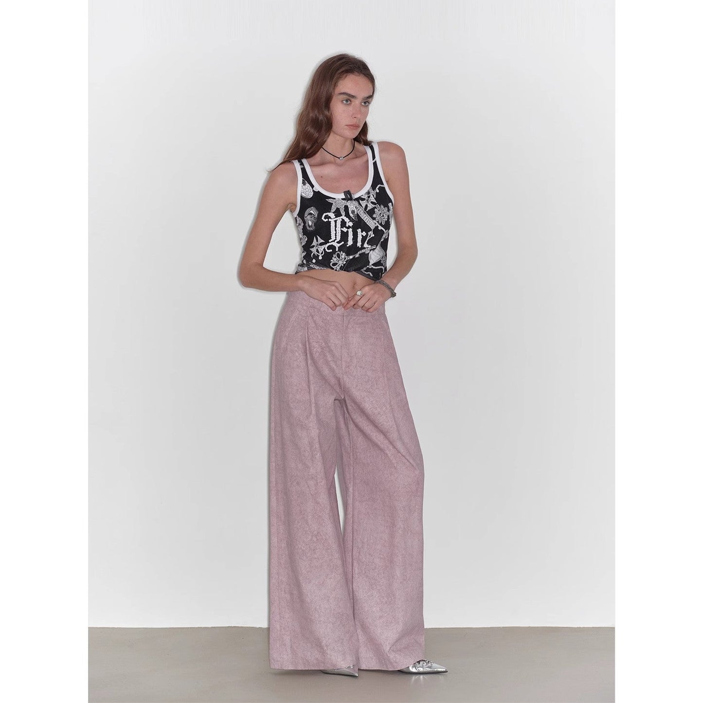 "Light and Shadow Walking" Retro Fashionable Dirty Printed Reverse-Fold Mid-Low-Waist Double-pleat Straight-leg Wide-Leg Casual Pants-1