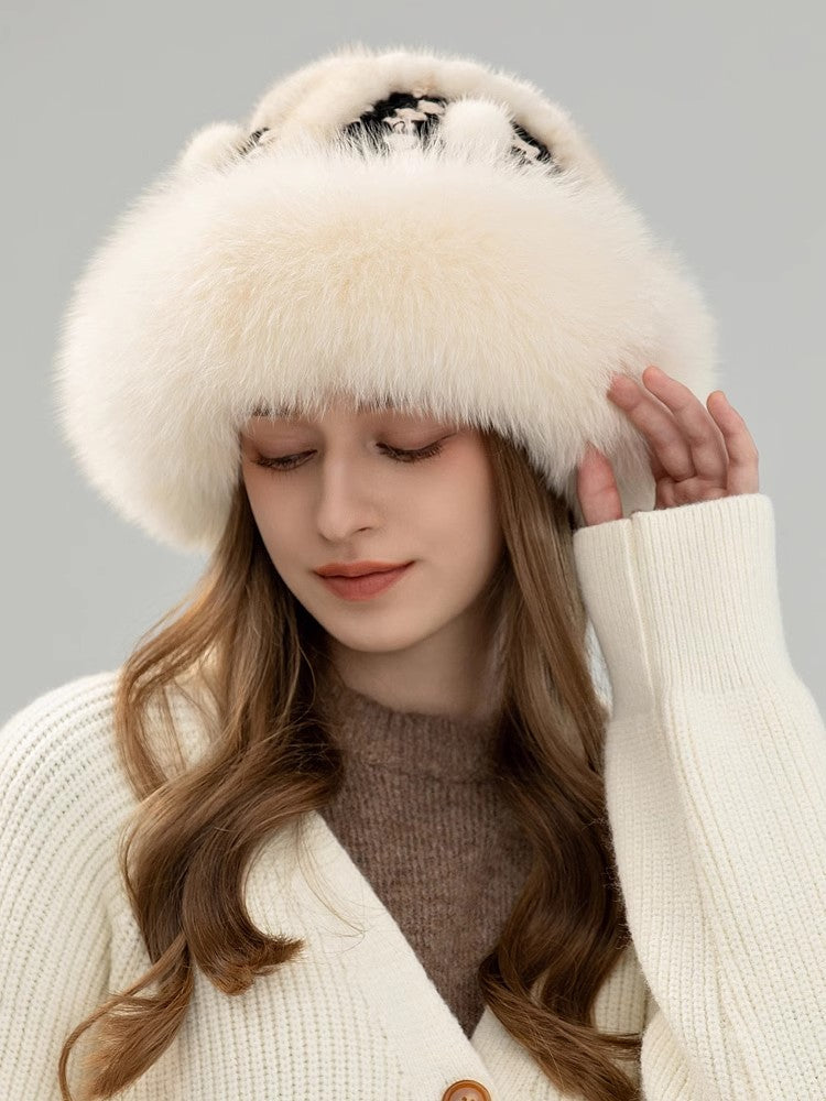 Ethnic style mink warm ear protection fox fur bucket hat-1