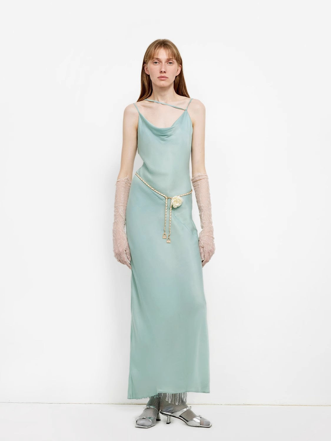 Glossy copper-ammonia silk satin light luxury swing collar slim fishtail suspender dress "Island Riddle"-0