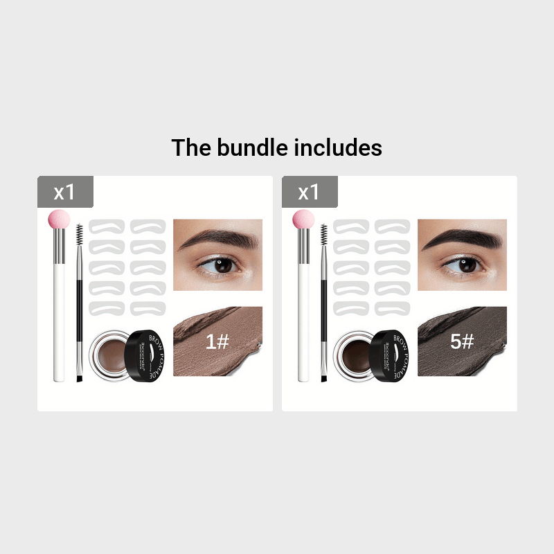 Waterproof and Sweatproof Eyebrow Cream Set with Brush and Sponge Stick - Black and Brown Colors - Lazy Print Eyebrow Stamp Powder - Eyebrow Stencil Included
