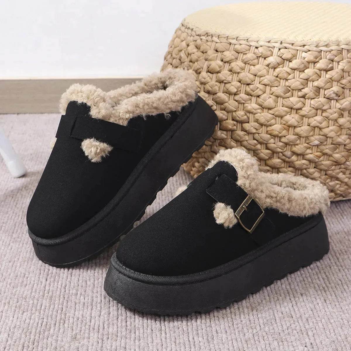 Fashion Thick-soled Plush Buckle Cotton Home platform Winter Slippers Indoor And Outdoor Casual Warm Women Garden Slipper