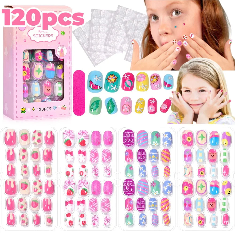 120 Pcs Kids Cartoon Press On Nails-0