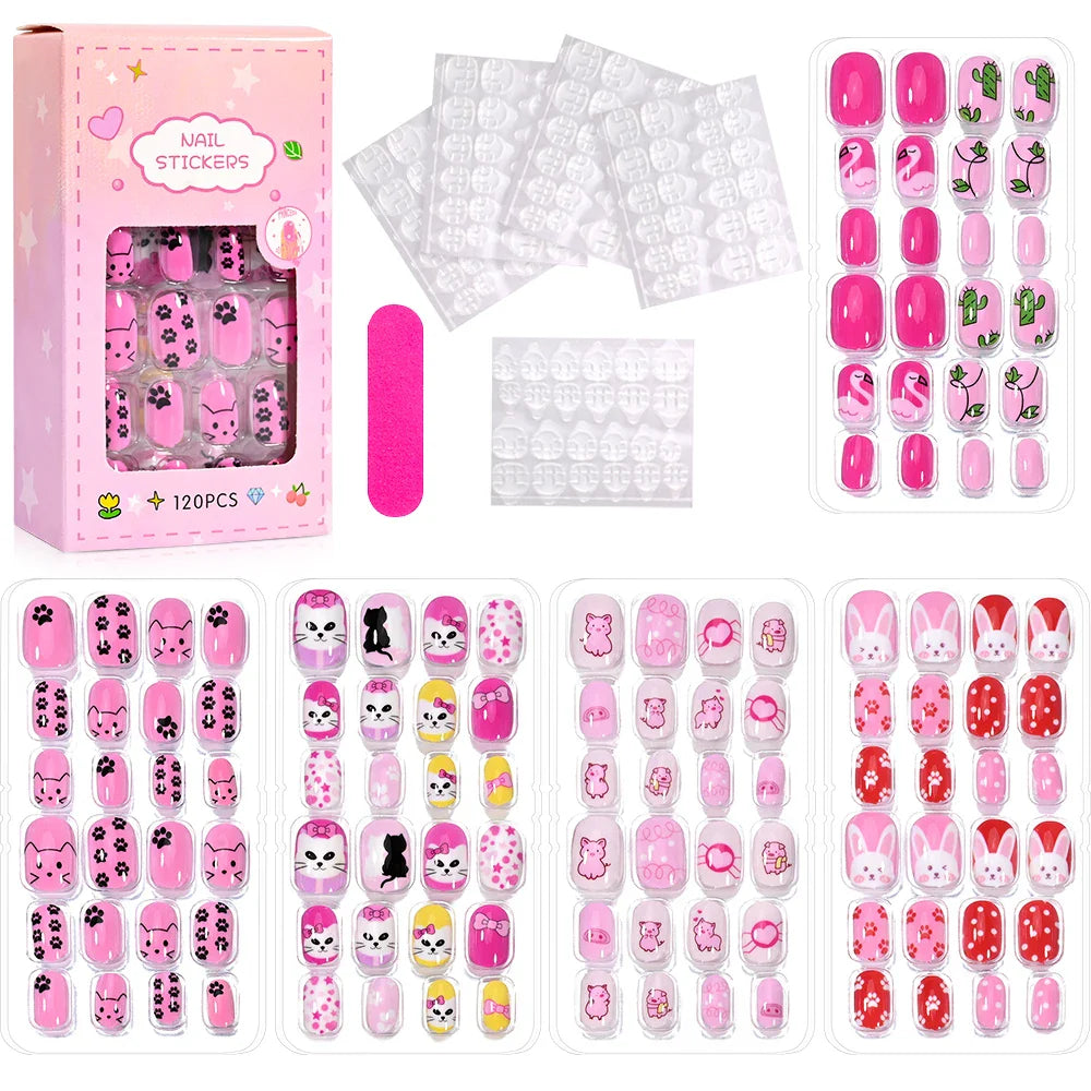 120 Pcs Kids Cartoon Press On Nails-7