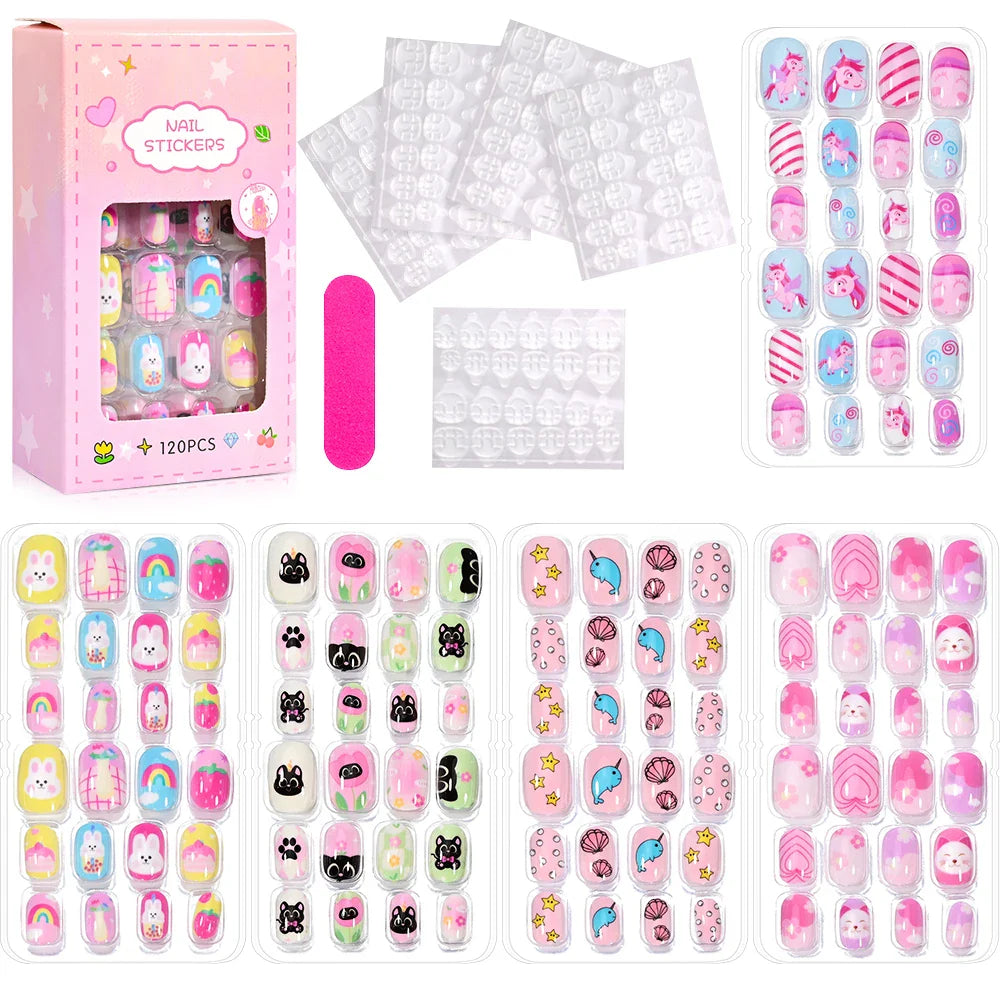 120 Pcs Kids Cartoon Press On Nails-9