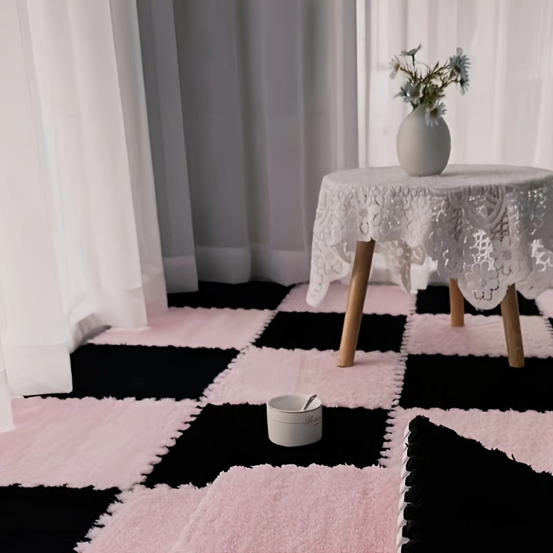 12pcs, Foam Puzzle Floor Mat Rug, Cute Pink Puzzle Floor Mat Interlocking Fluffy Flooring Tiles Soft Climbing Area Rugs Plush Interlocking Carpet Tiles For Home Playroom Bedroom Decor, Bedroom Accessories, Removable And Washa