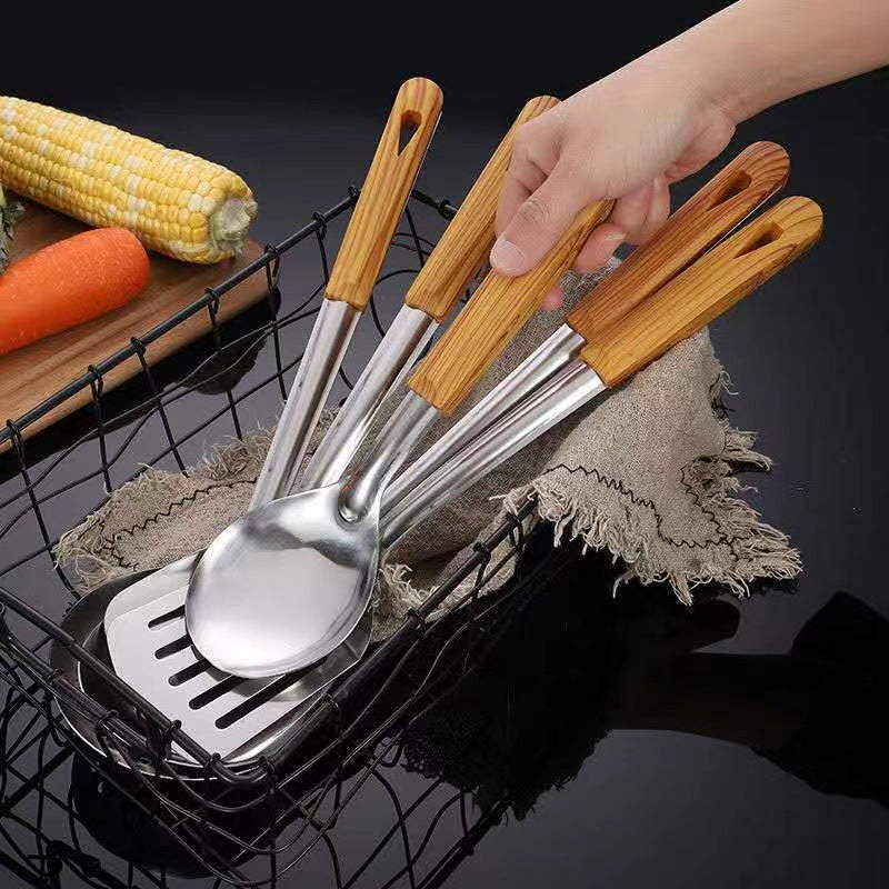1pc Kitchen Stainless Steel Cooking Utensils With Wooden Handle, Spatulas, Rice Soup, Spoon, Frying Shovel, Colanders, Kitchen Cookware