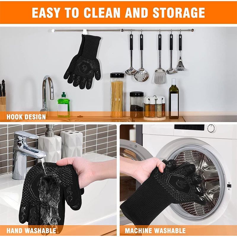 1 Pair BBQ Grill Gloves, Resistant Gloves Heat Resistant Fireproof Gloves, Washable Non-Slip Silicone Oven Gloves, Kitchen Safe Cooking Gloves For Oven Mitts, Barbecue, Cooking, Frying, 12.6inch