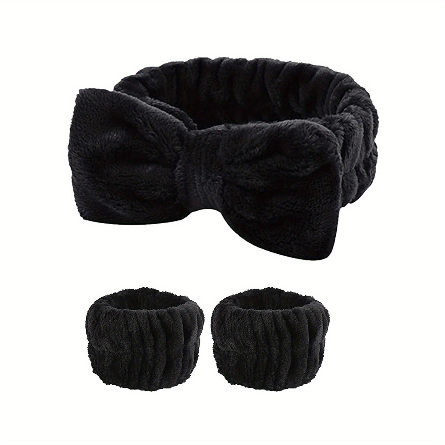 Solid Color Butterfly End Headband Wristband Set Women's Wash Beauty Makeup Headband Wrist Flannel Hair Accessories Headwear Face Wash Headband Wrist Set Plush Elastic Headband Ladies Accessories Set