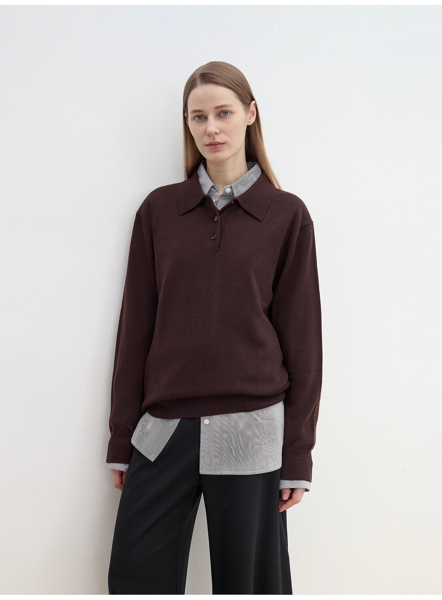 "Library Diary" Machine Washable Premium Wool Women's Polo Neck Loose Top-0