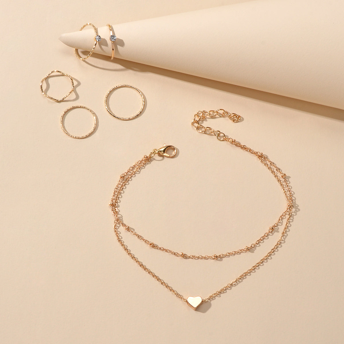 Multi-layer Gold Chain Love Heart Charm Anklet Knuckle Curved Multiple Rings set-1