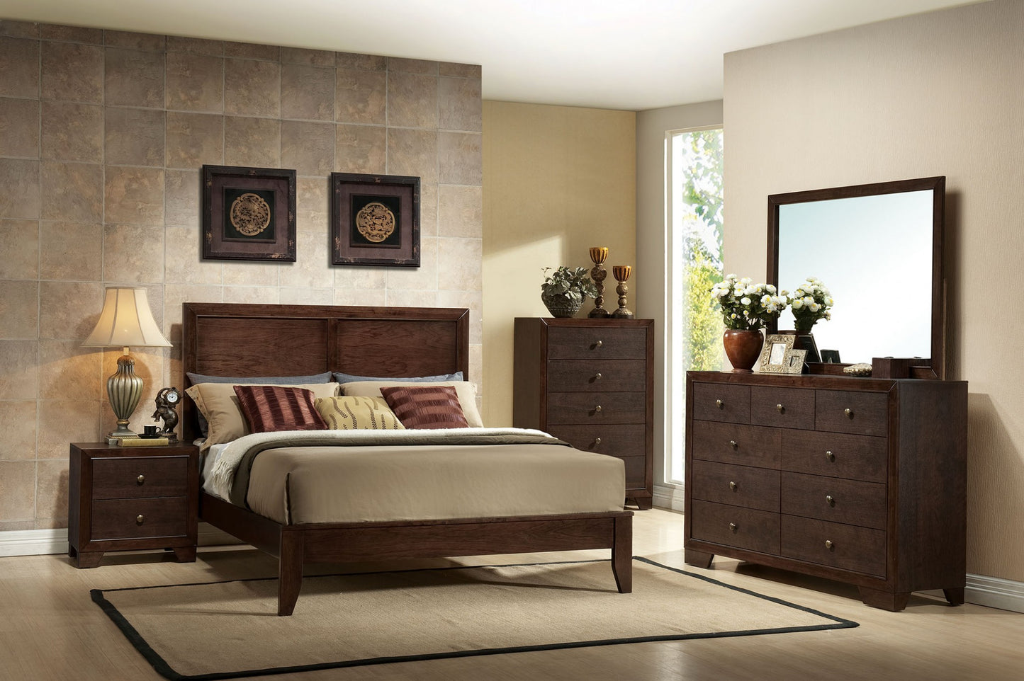 Espresso Inlaid Panels Wood Queen Bed Frame-4
