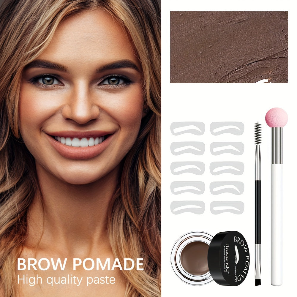 Waterproof and Sweatproof Eyebrow Cream Set with Brush and Sponge Stick - Black and Brown Colors - Lazy Print Eyebrow Stamp Powder - Eyebrow Stencil Included