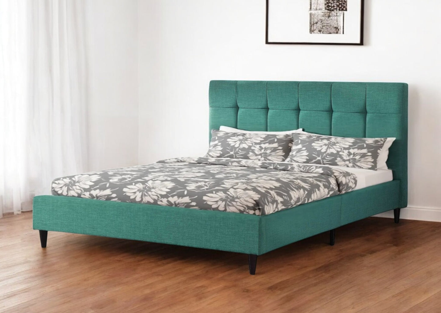 Turquoise Tufted Fabric Upholstered Queen Bed Frame-0
