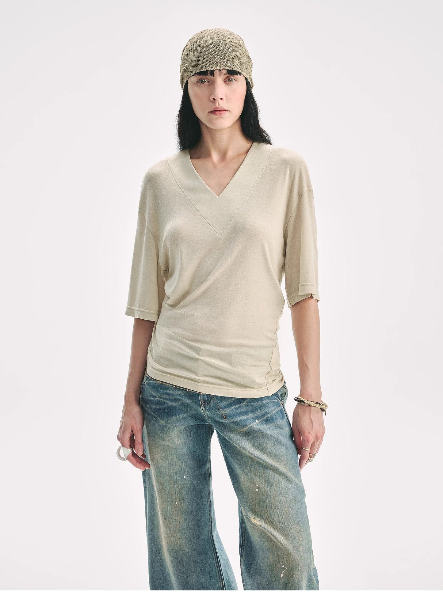 Silk Tencel blended pleated V-neck loose dropped shoulder T-shirt"Inspiration Bag"-4
