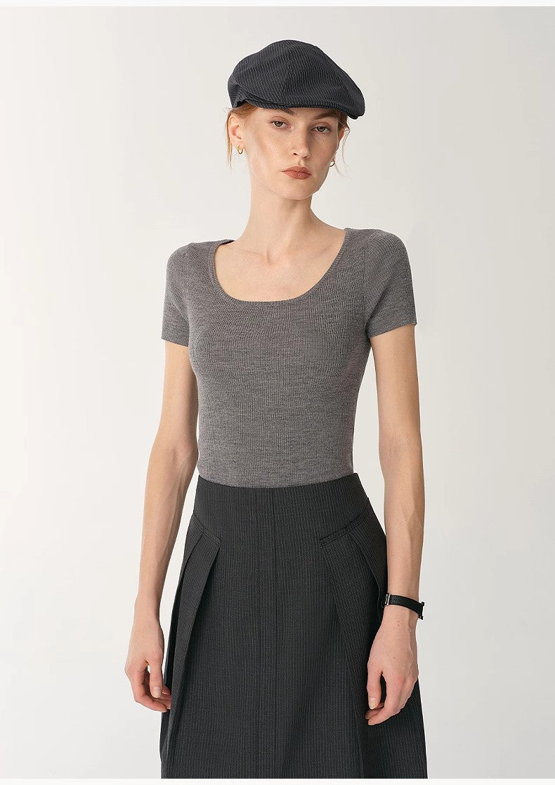 German Yangtze machine washable wool round neck slim short sleeve top for women-1