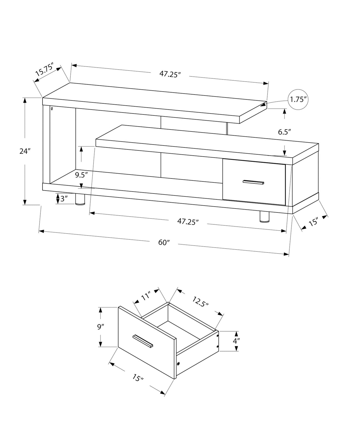 16" Black and Gray Open Shelving TV Stand-7