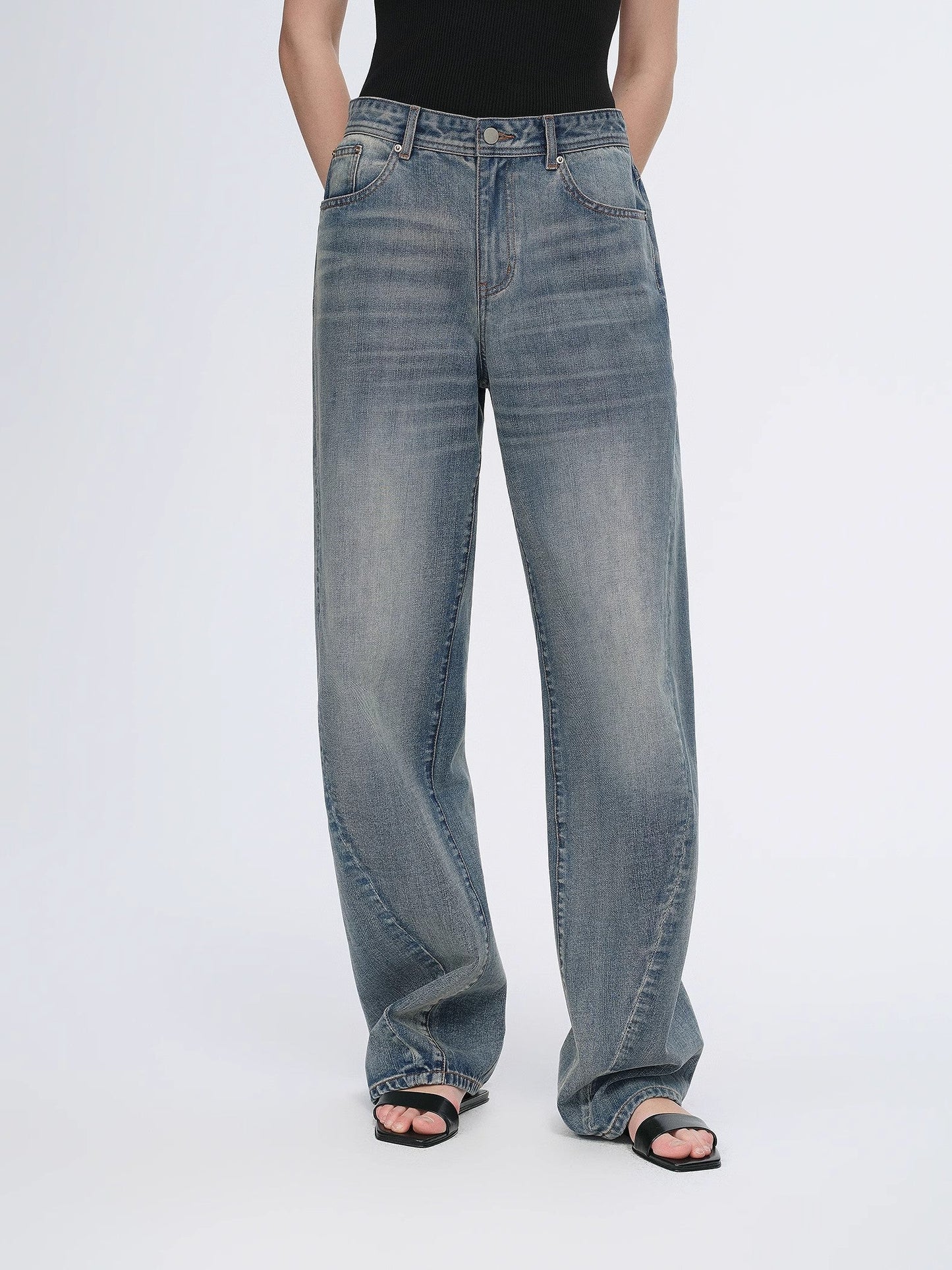 Vintage heavy cotton polyester blended washed comfortable slim front curved jeans-1