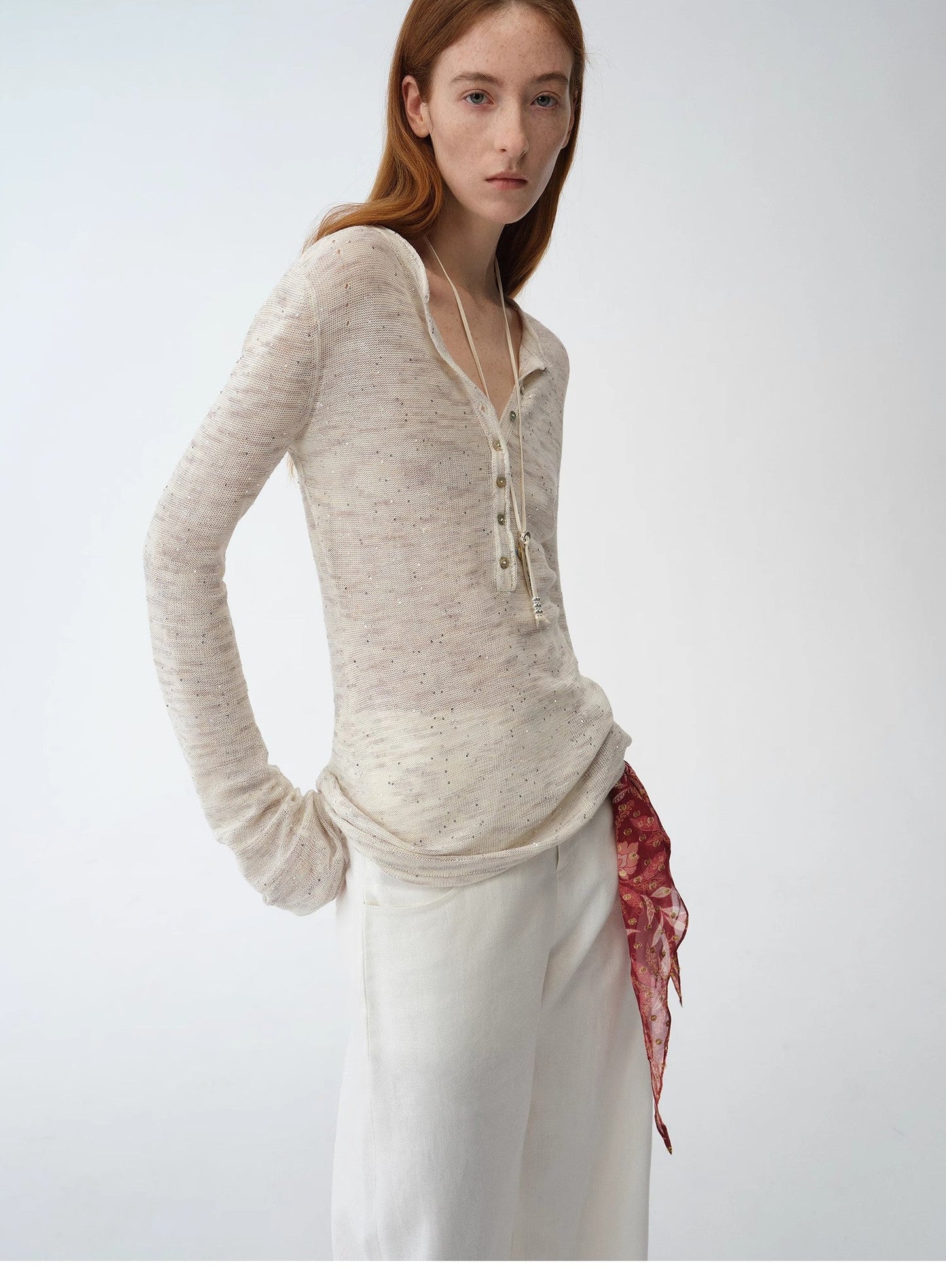 Fashionable cotton and linen beaded fancy yarn waisted bell sleeves round neck cardigan knitted top"Perry Moonlight"-4