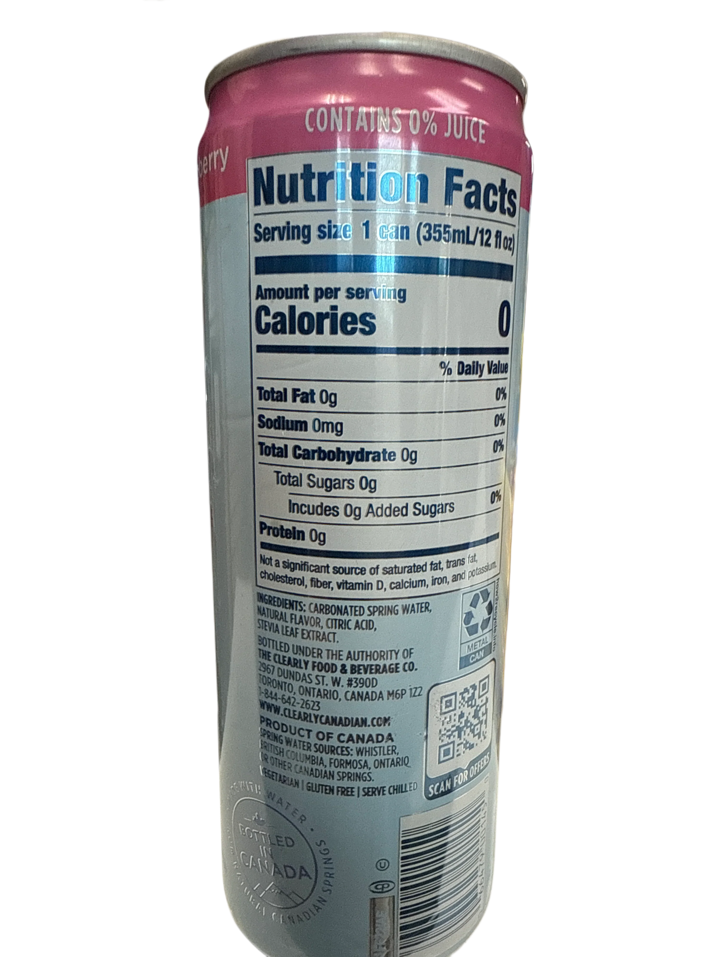 Clearly Canadian Zero Sugar Country Raspberry Flavour 355ML - Canadian Edition