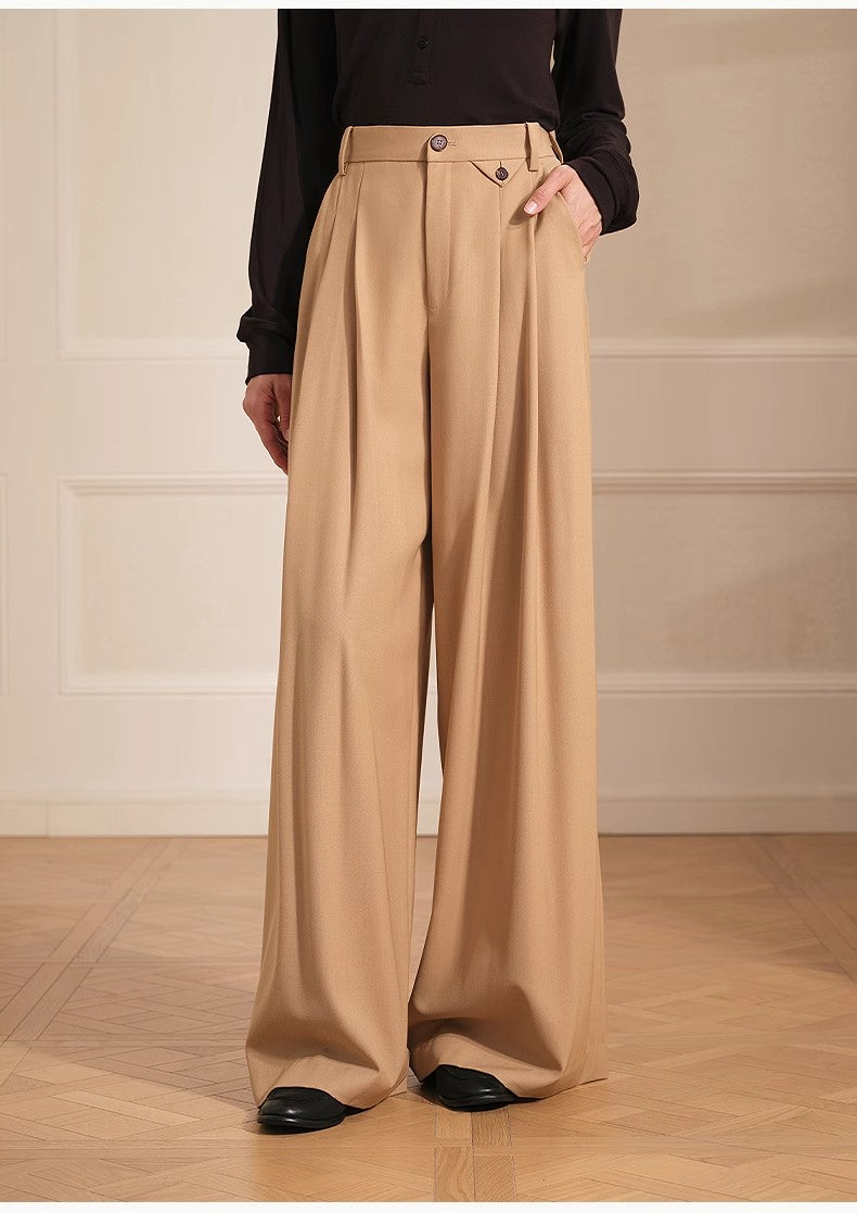 Merino wool blended double pleated wide-leg pants for women, versatile, drapey and comfortable casual trousers-1