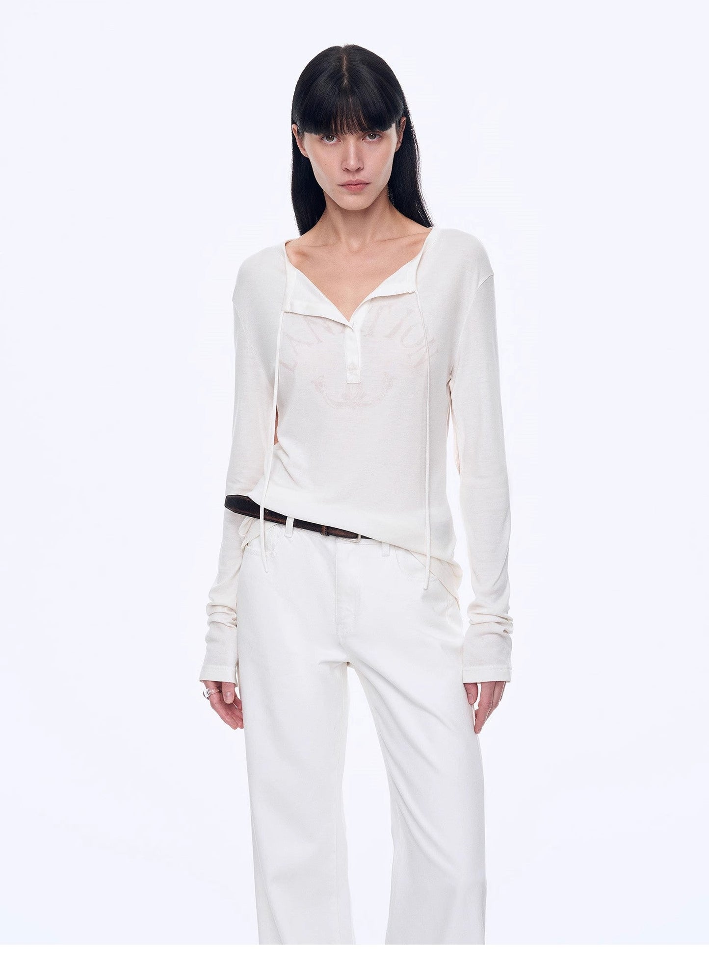 "Minimal Message" ethnic print modal knit henley collar tie long sleeve T-shirt top-0