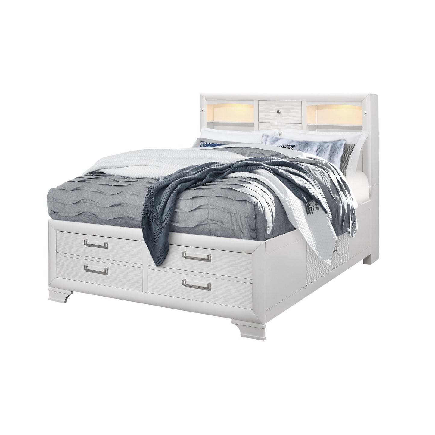 White Solid Wood Lighted Full Bed Frame With Drawers-2