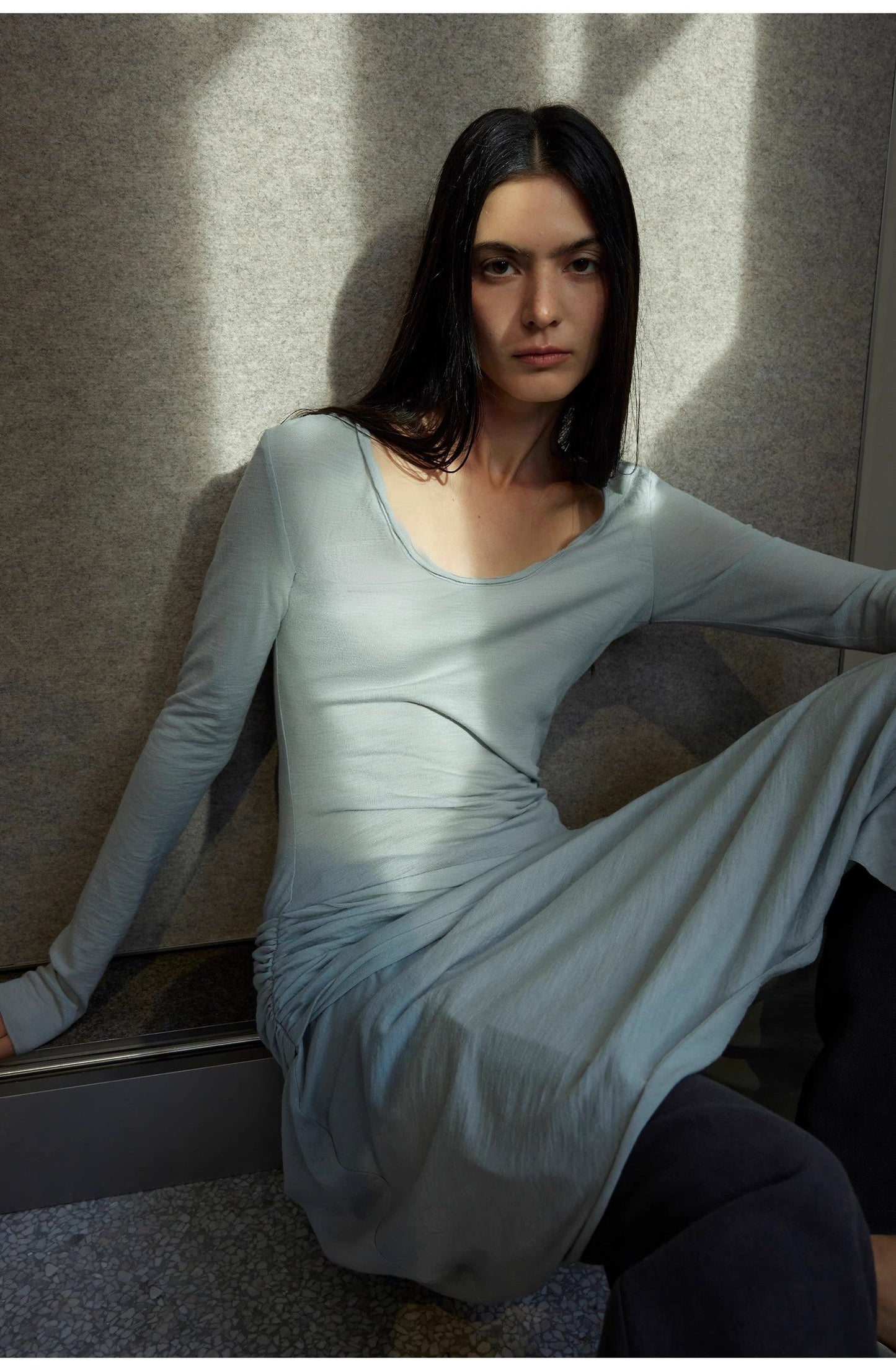 "Dreamy Ball" Lightweight and Breathable 100% Wool / U-neck Irregular Hem Long Dress for Women-1