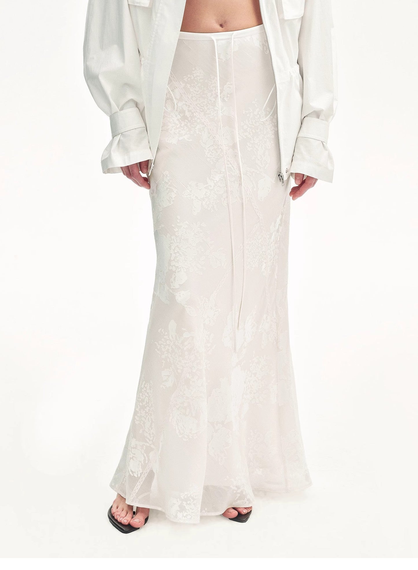 "Seville" bias-cut fishtail midi skirt in burnt pattern material-4