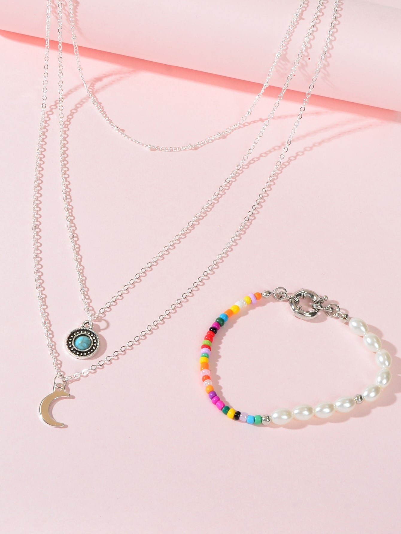 Stylish Silver Multi-Layer Necklace Colourful Beads Bracelet Set Vintage Jewelry-2