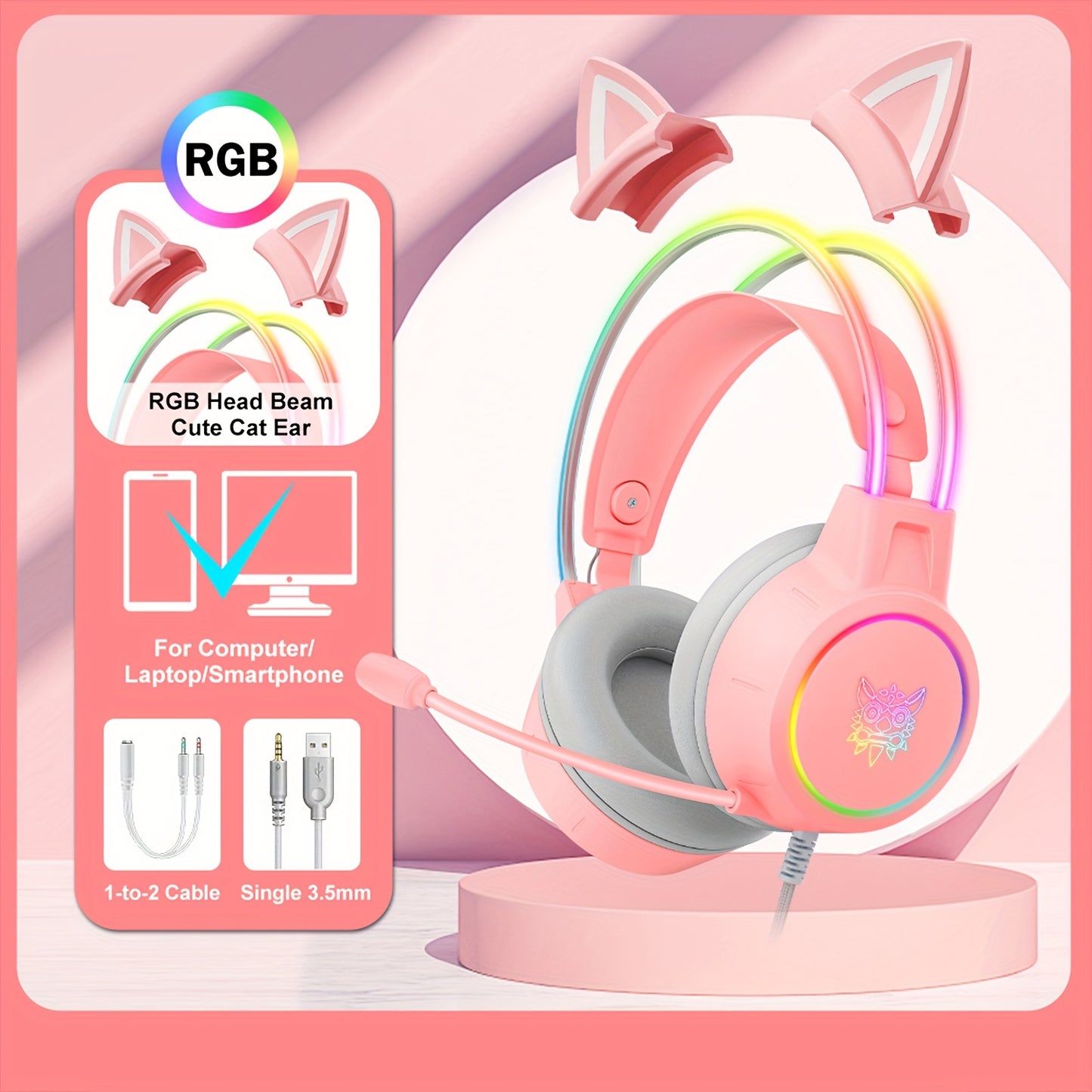 ONIKUMA X15pro, Wired Gaming Headset With Detachable Cat Ears, RGB, Removable Mic, Compatible With PC Mobile, Over-Ear Luminous Wired Gaming Headset