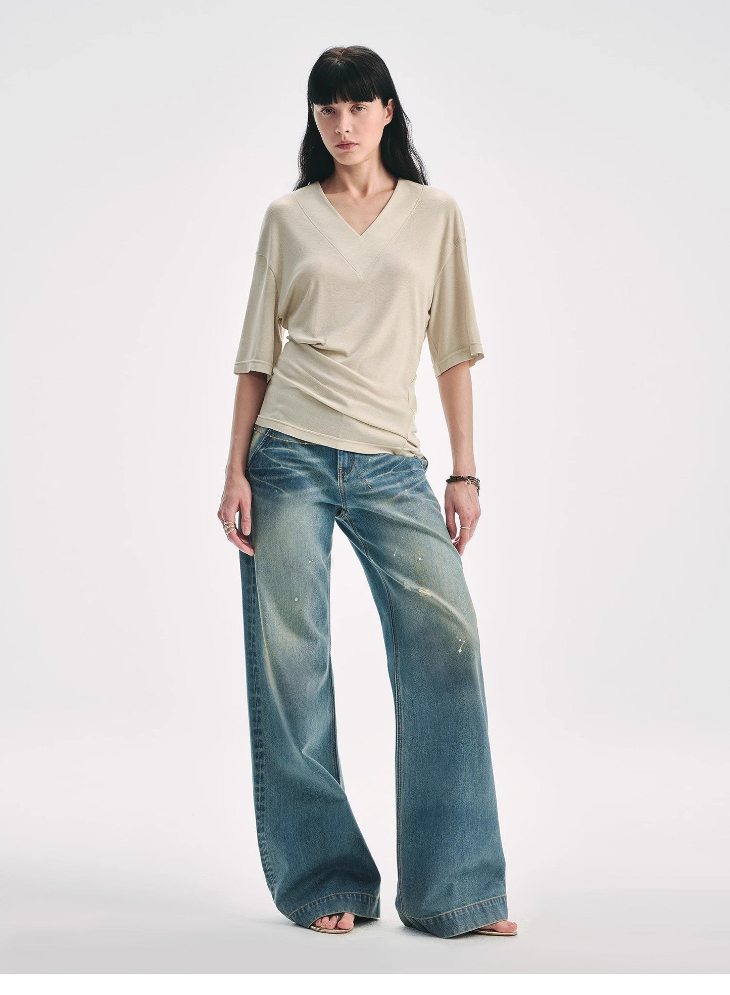 Silk Tencel blended pleated V-neck loose dropped shoulder T-shirt"Inspiration Bag"-5