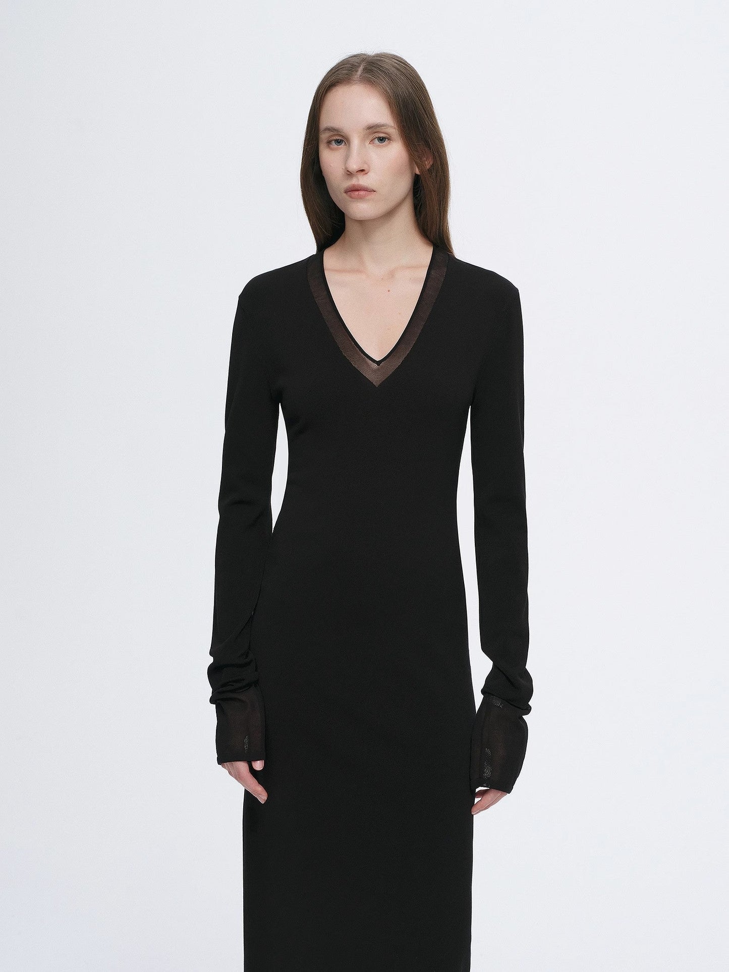 Elegant and intellectual triacetate Tencel blended skin-friendly transparent splicing design V-neck dress-4