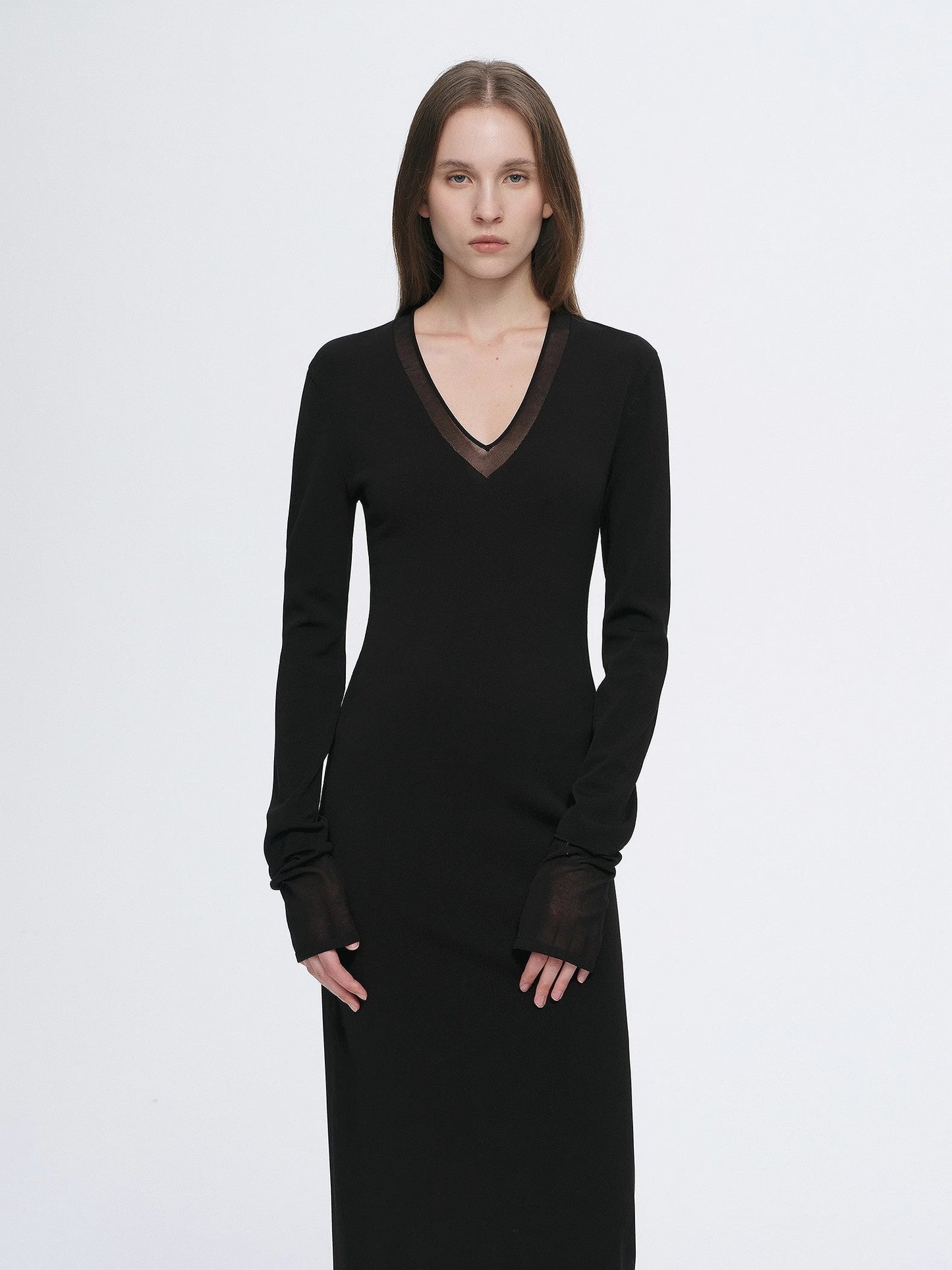 Elegant and intellectual triacetate Tencel blended skin-friendly transparent splicing design V-neck dress-1