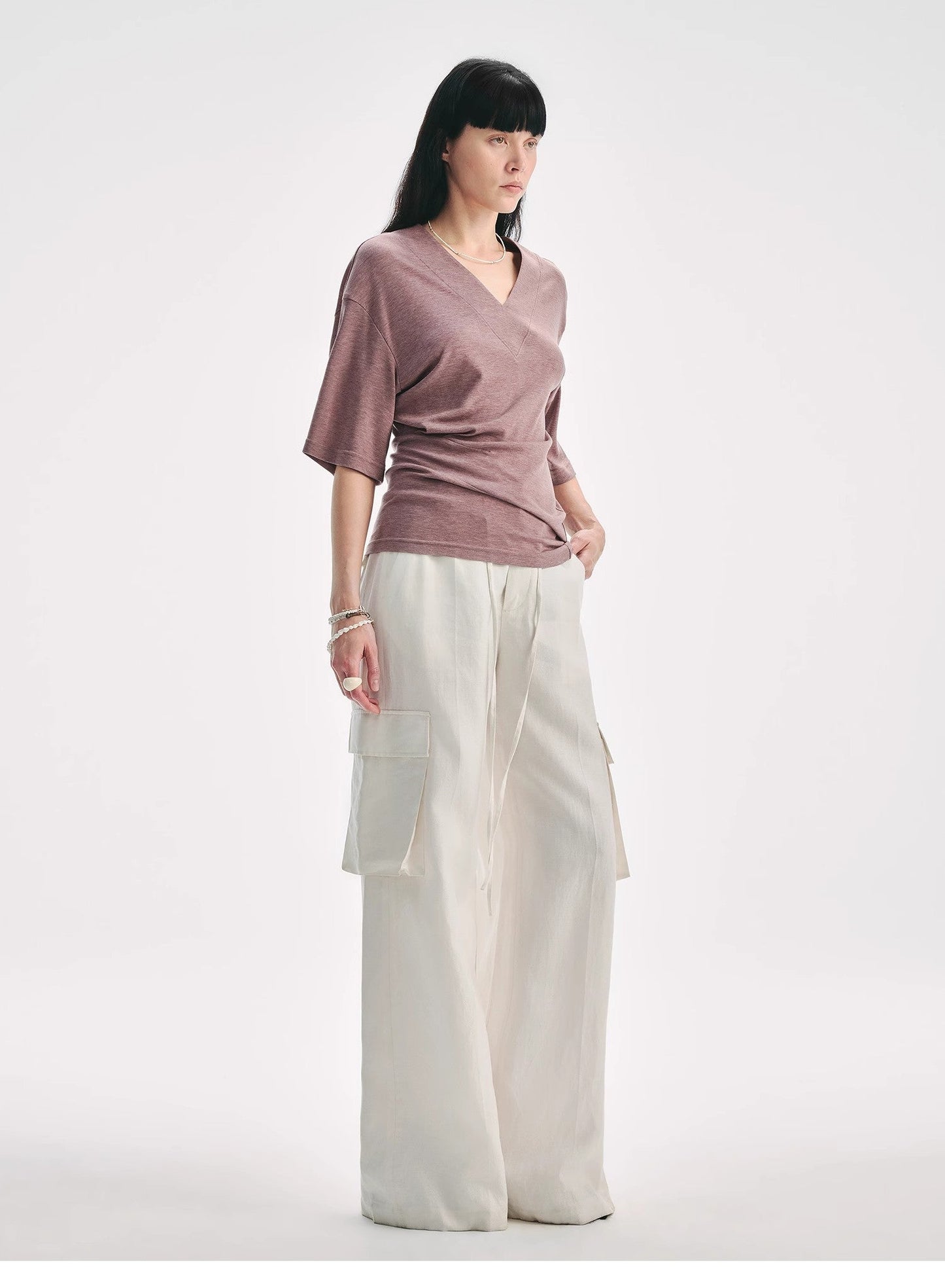 Silk Tencel blended pleated V-neck loose dropped shoulder T-shirt"Inspiration Bag"-6