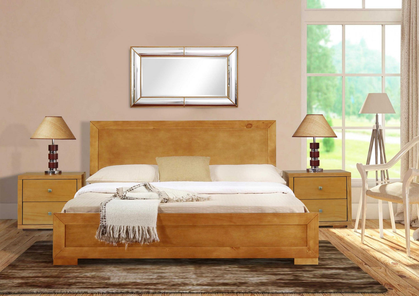 Moma Oak Wood Platform Queen Bed With Two Nightstands-7