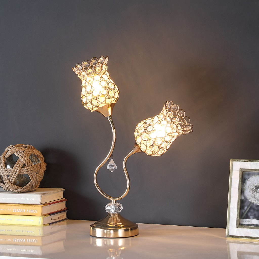 19" Gold Two Light Bedside Table Lamp With Clear Novelty Shade-7