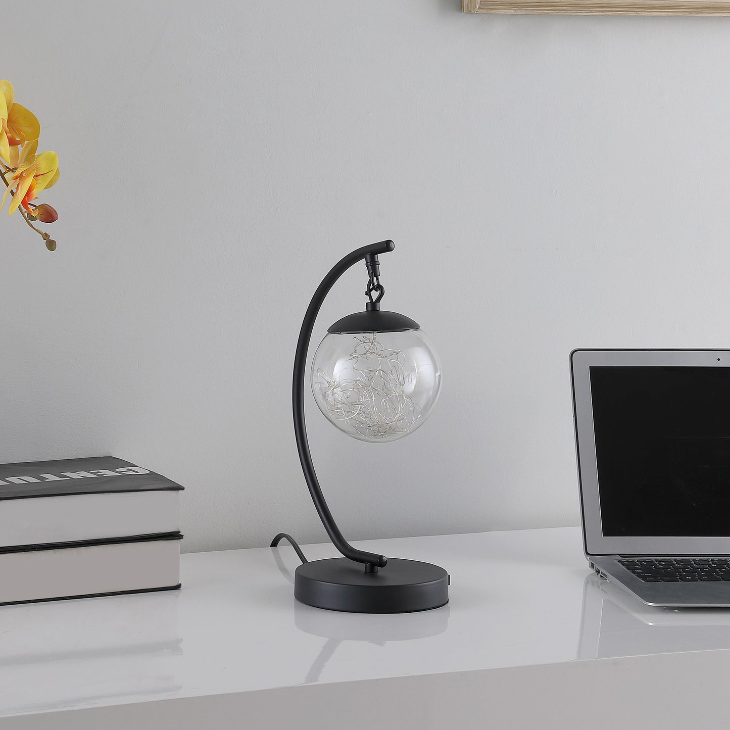 14" Matte Black Metal Arched Hanging Orb USB Table Lamp-4