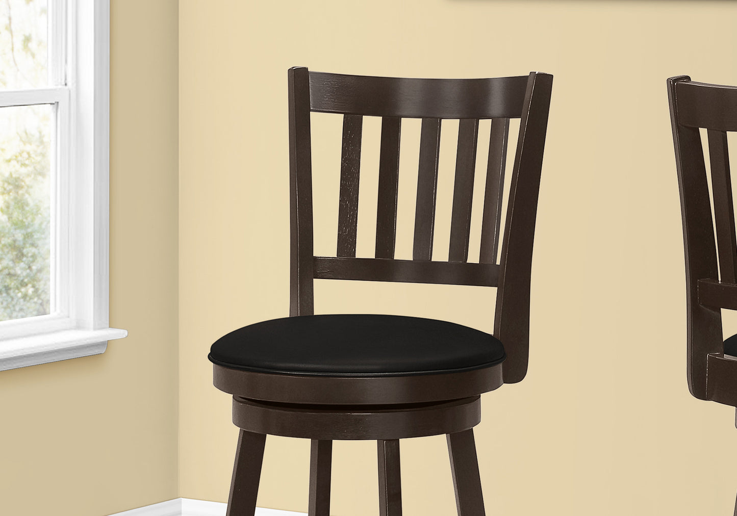 Set of Two 29" Black and Espresso Faux Leather and Solid Wood Bar Height Swivel Bar Chairs-4