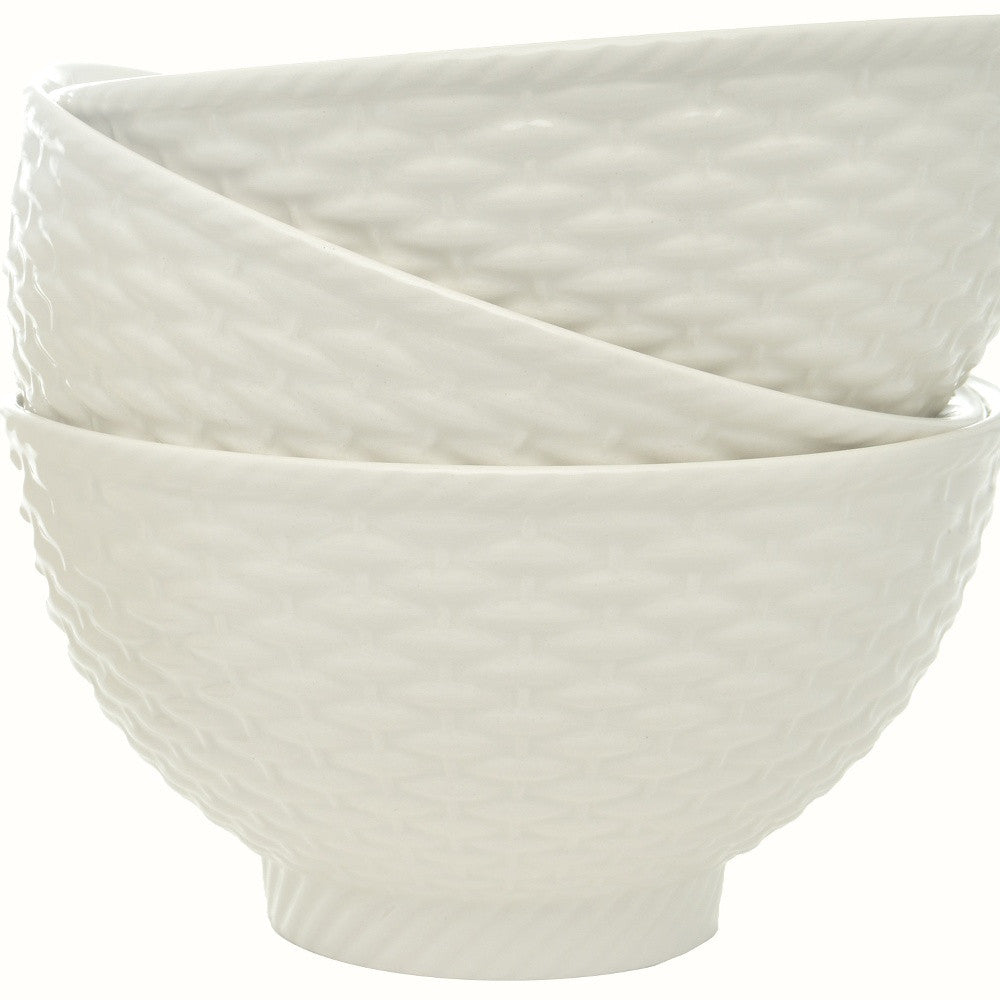 White Four Piece Weave Stoneware Service For Four Bowl Set-5