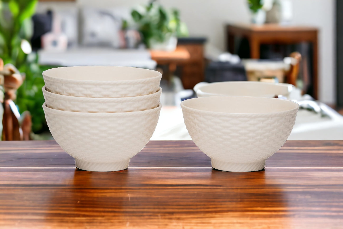 White Four Piece Weave Stoneware Service For Four Bowl Set-1