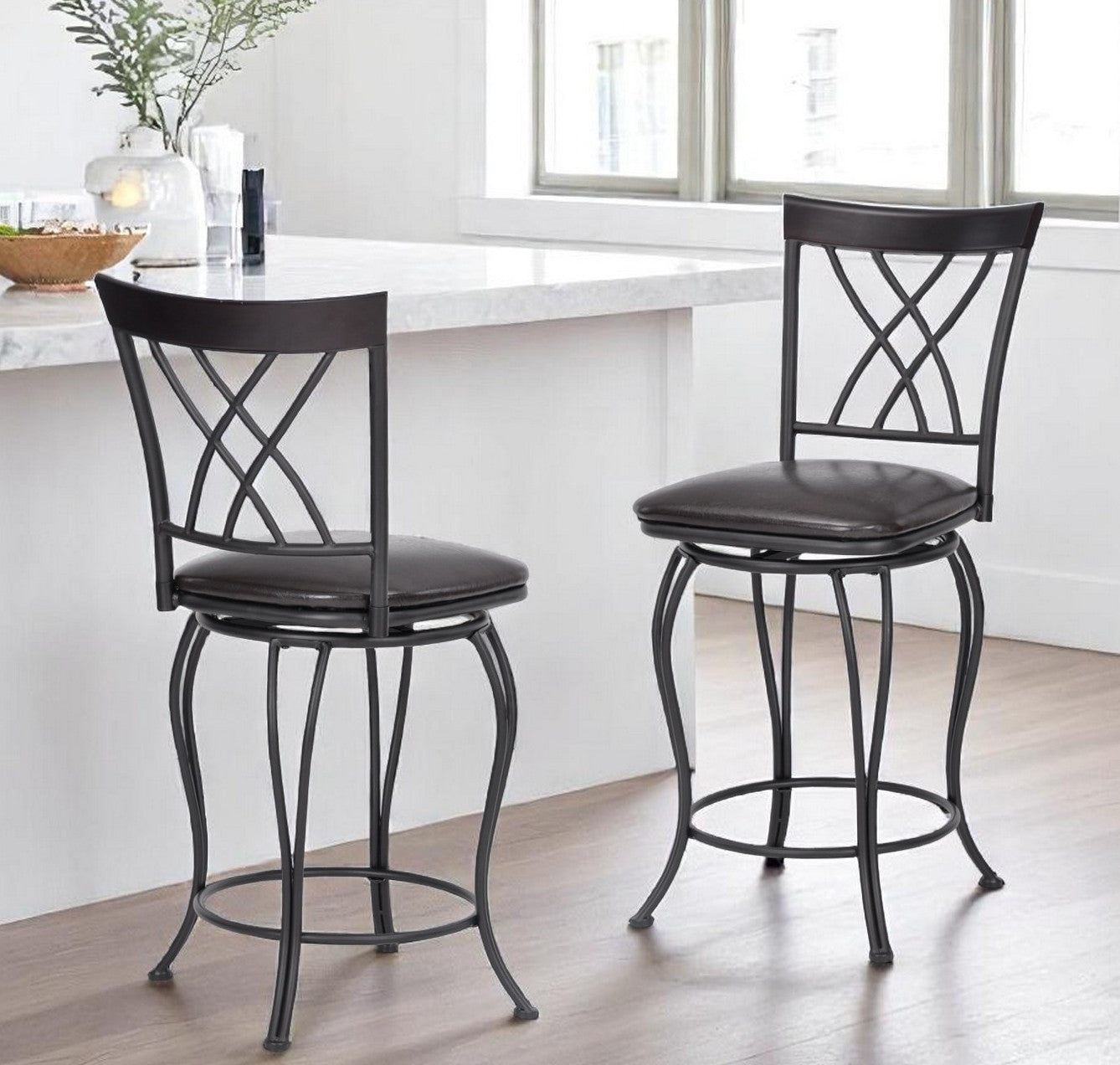 Set of Two 24" Black Manufactured Wood and Steel Counter Height Swivel Bar Chairs-0