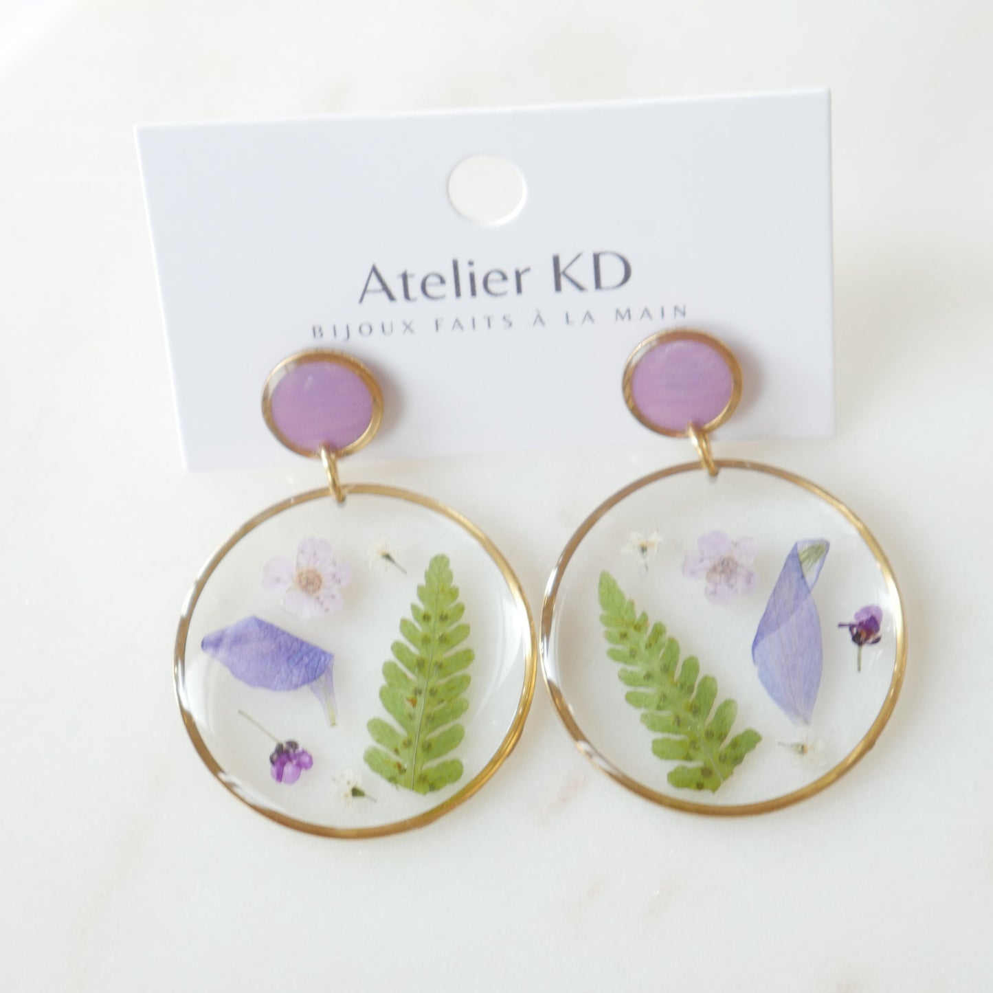 Boucles d'oreilles duo - les Violettes et la fougères - rond (XL 35mm)