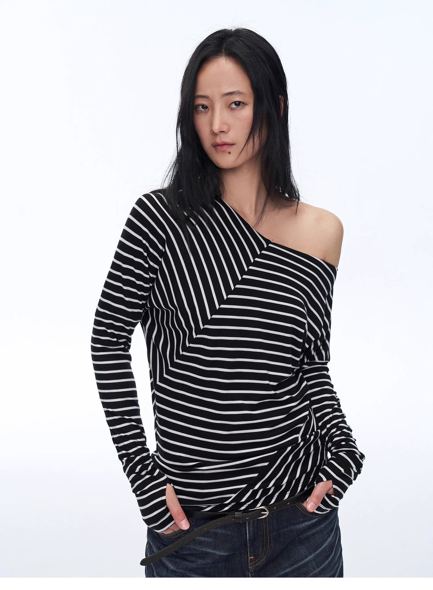 Fashionable off-shoulder Lyocell Tencel wool blended draped patchwork striped T-shirt"Picasso Lines"-6